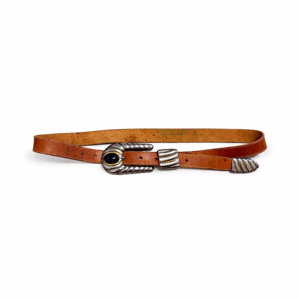 Anthropologie Streets Ahead Tan Leather Belt Silver-Tone Buckle and Black Stone